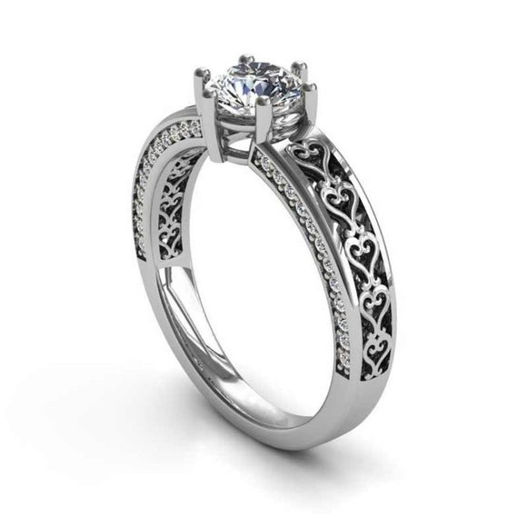 💎 Diamond Anillo Flower Carved CZ Filled Silver Vintage Ring for Women, VIP582 - Picture 1 of 9